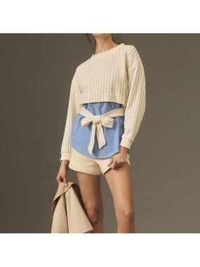 Anthropologie Striped Cream White Blue Bow Tie Long Sleeve Twofer Large